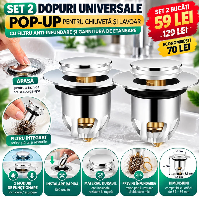 Set 2 Dopuri Universale Pop-Up pentru Chiuvetă și Lavoar – Cu Filtru Anti-Înfundare, Sistem Click-Clack și Montaj Rapid