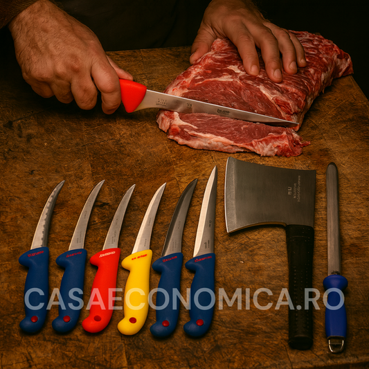 Set CUȚITE INDUSTRIALE DE MĂCELARIE, 6 CUȚITE + SATÂR ȘI MASAT CADOU, calitate germană garantată