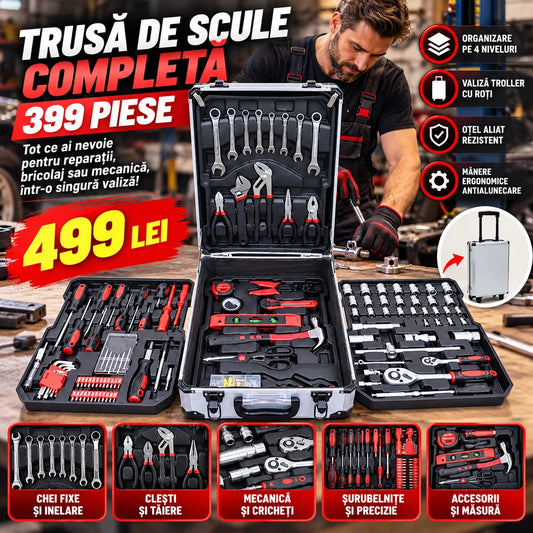 Trusă de Scule Profesională 399 Piese – Valiză Troller cu Roți, Organizare pe Niveluri, Unelte pentru Reparații și Bricolaj