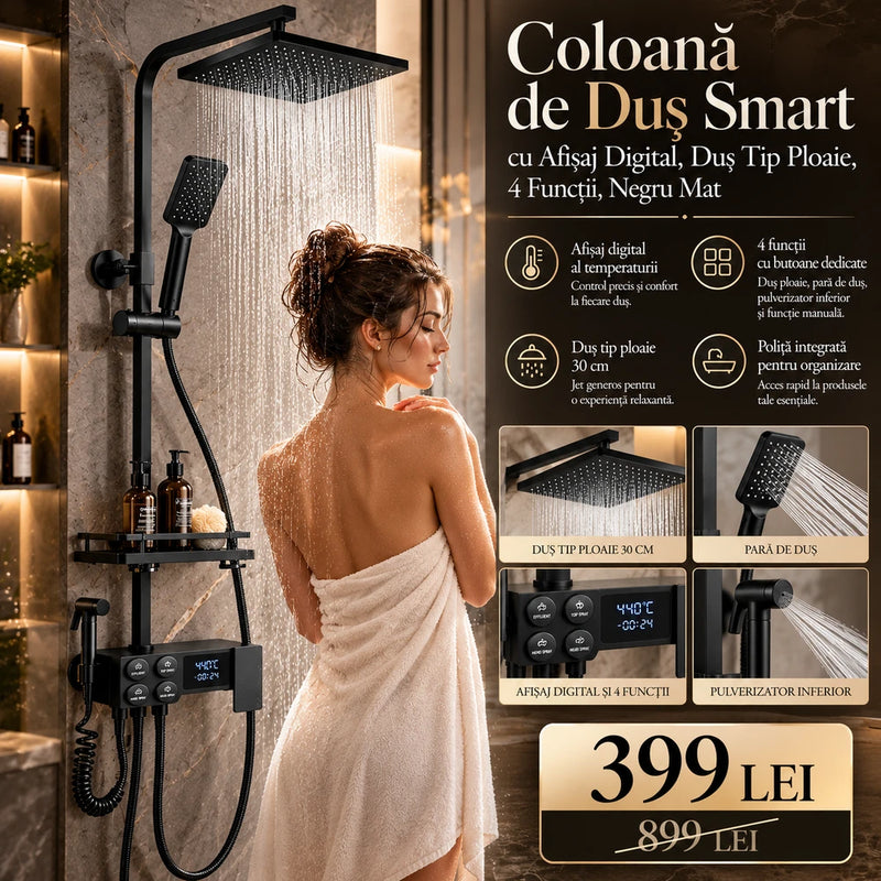 Coloană de Duș Smart Premium cu Afișaj Digital – 4 Funcții, Duș Tip Ploaie 30 cm, Finisaj Negru Mat