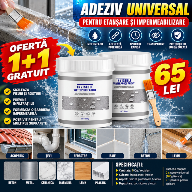 OFERTĂ 1+1 GRATUIT – Adeziv Universal pentru Etanșare și Impermeabilizare, Transparent, 100g