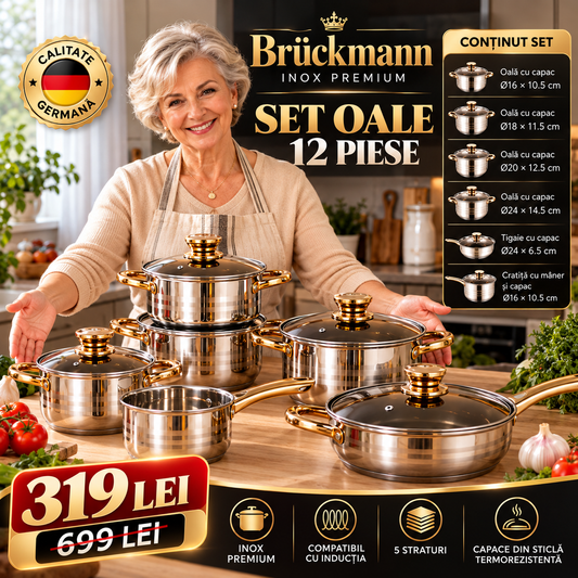 Set Oale Brückmann Premium din Inox – 12 Piese, Bază 5 Straturi, Compatibil Inducție