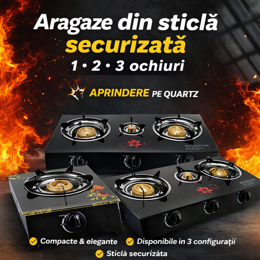 Aragaze din sticlă securizată – 1, 2 sau 3 ochiuri cu aprindere pe quartz