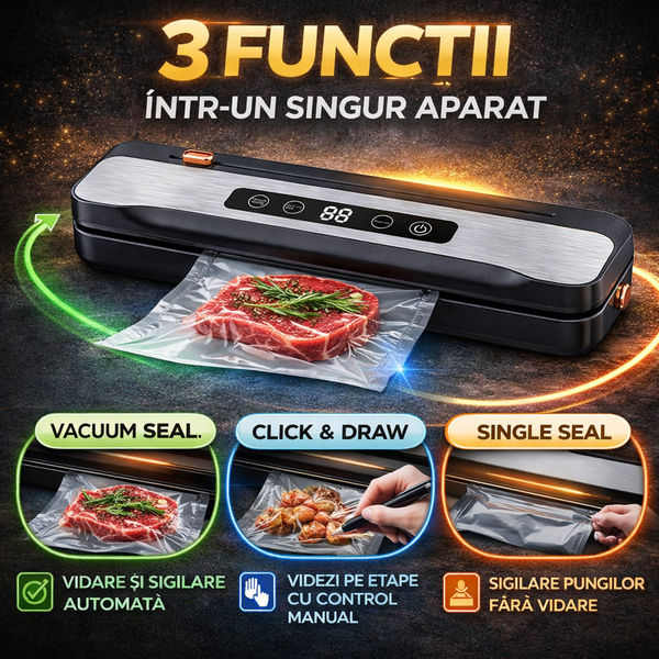 Aparat pentru vidat alimente umede/uscate, 140W, functie SEAL/VAC, afisaj LCD, cutit glisant
