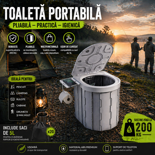 Toaletă Portabilă Pliabilă ABS+PU cu Suport de Telefon - (Camping, Rulotă, Pescuit)