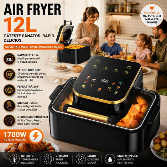 Air Fryer Digital 12L, 1700W, Fereastră Panoramică 270°, 6 Programe Presetate, Display Touch, Gătire cu Aer Cald Fără Ulei