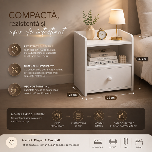 Noptieră Albă Compactă