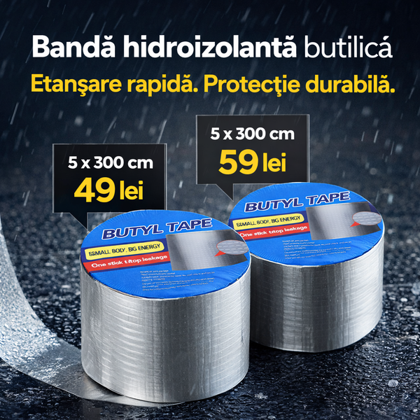 Bandă butilică hidroizolantă cu strat de aluminiu, rezistentă la UV și intemperii – 5/10 cm × 3m