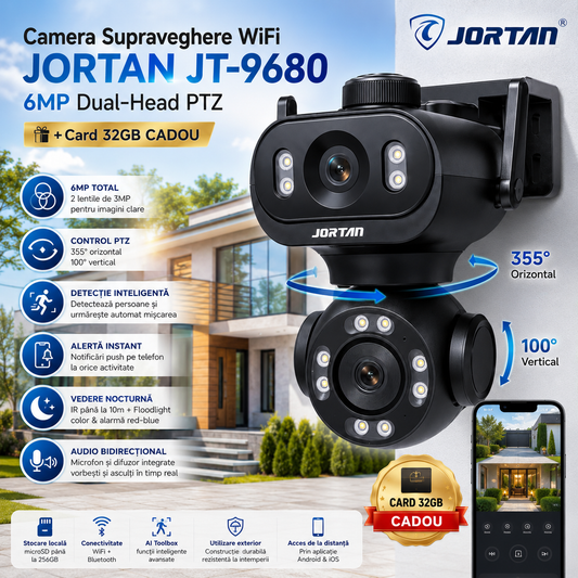 Camera Supraveghere WiFi JORTAN JT-9680 6MP Dual-Head PTZ + Card 32GB CADOU