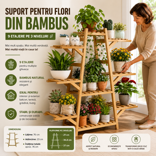 Suport pentru Flori din Bambus cu 9 Etajere – Organizează și pune în valoare plantele tale