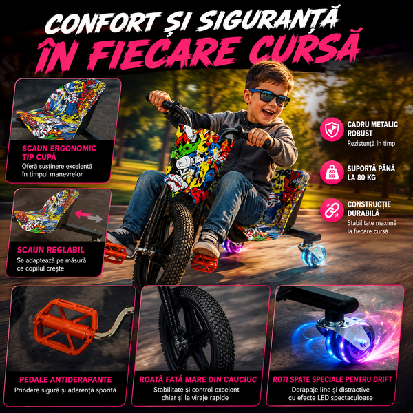 Tricicletă Drift Trike Aventură Pentru Copii