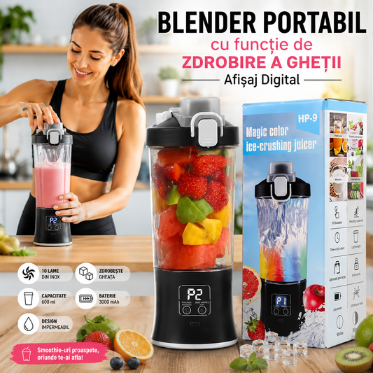 Blender Profesional Portabil cu Funcție de Zdrobire a Gheții și Afișaj Digital – 600 ml