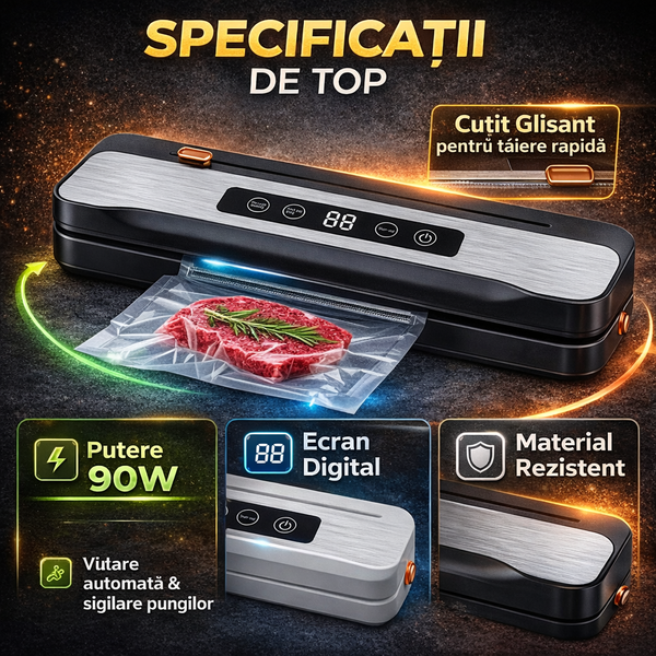 Aparat pentru vidat alimente umede/uscate, 140W, functie SEAL/VAC, afisaj LCD, cutit glisant
