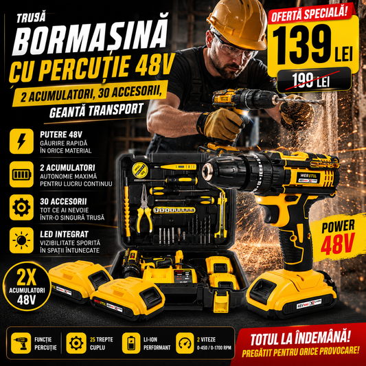 Trusă Bormașină cu Percuție 48V, 2 Acumulatori, 30 Accesorii, Geantă Transport