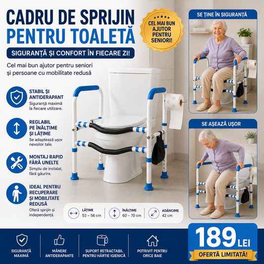 Cadru de Sprijin Reglabil pentru Toaletă – Stabilitate și Siguranță pentru Seniori