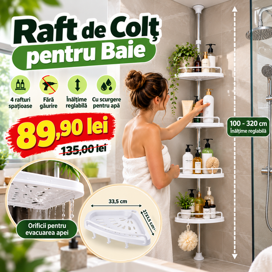 Raft de Colț Telescopic pentru Baie – 4 Rafturi, Fără Găurire, Reglabil 100–320 cm