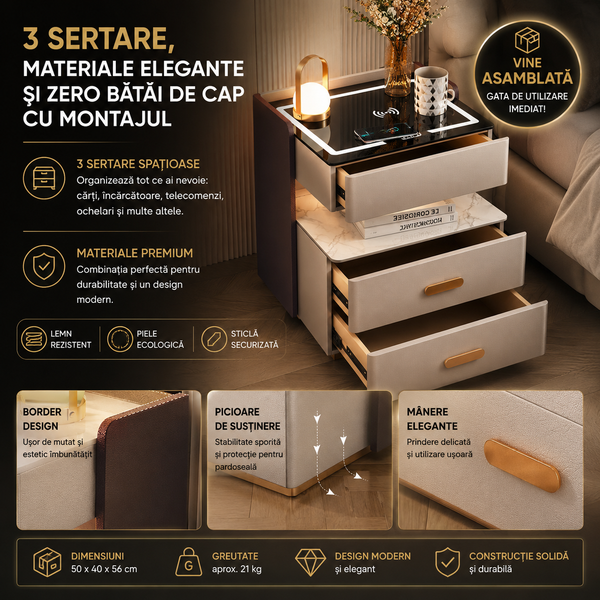 Noptieră Elegantă Albă Aurie