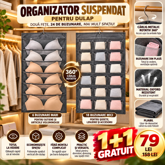 Organizator Suspendat pentru Dulap cu 24 de Buzunare și 2 Fețe – Pentru Sutiene, Șosete, Lenjerie și Accesorii