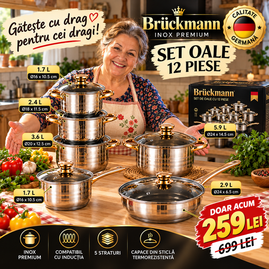 Set Oale Brückmann Premium din Inox – 12 Piese, Bază 5 Straturi, Compatibil Inducție