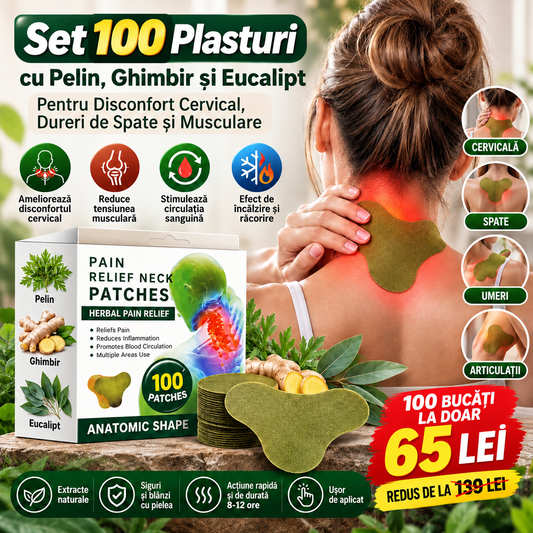 Set 100 Plasturi cu Pelin, Ghimbir și Eucalipt – Pentru Disconfort Cervical, Dureri de Spate și Musculare