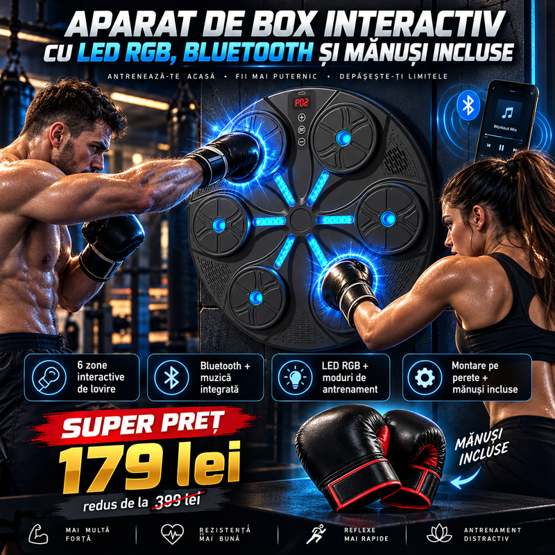 🥊 Aparat de Box Interactiv cu LED RGB, Bluetooth și Mănuși Incluse – Antrenează-te Acasă pe Ritmul Muzicii!