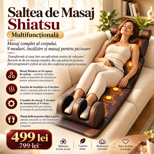 Saltea de Masaj Shiatsu Multifuncțională – Masaj Complet al Corpului, 9 Moduri, Încălzire și Masaj pentru Picioare