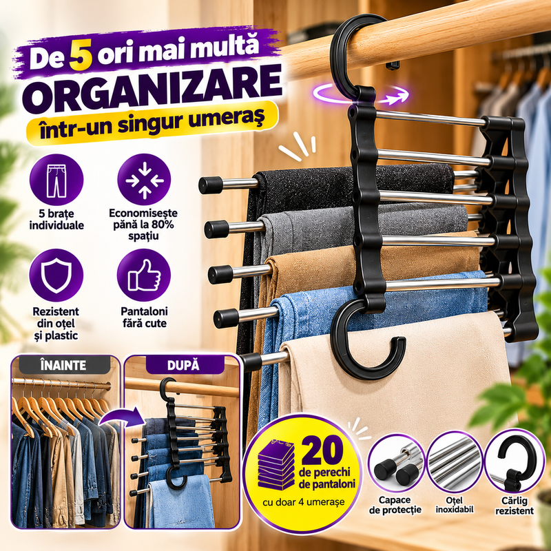 Set 4 Umerașe Organizatoare pentru Pantaloni în Cascadă – 5 Niveluri, Economisire Spațiu