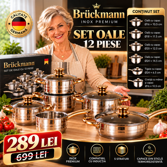 Set Oale Brückmann Premium din Inox – 12 Piese, Bază 5 Straturi, Compatibil Inducție