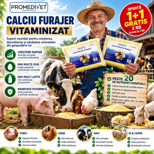 Calciu Furajer Vitaminizat PROMEDIVET – Oferta 1+1 GRATIS, 2 KG | Pentru Îngrășarea și Dezvoltarea Animalelor