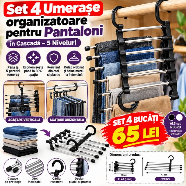 Set 4 Umerașe Organizatoare pentru Pantaloni în Cascadă – 5 Niveluri, Economisire Spațiu