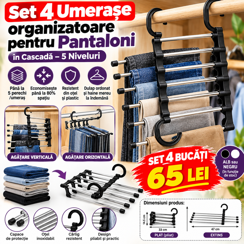 Set 4 Umerașe Organizatoare pentru Pantaloni în Cascadă – 5 Niveluri, Economisire Spațiu