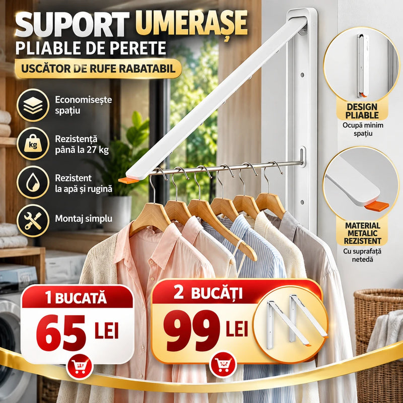 Suport Umerașe Pliabil de Perete din Aluminiu – Uscător de Rufe Rabatabil, Economisește Spațiu, Alb