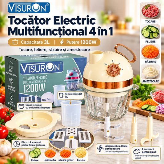 Tocător Electric Multifuncțional VISURON 4 în 1 – 1200W, Bol Sticlă 3L, Tocare, Feliere, Răzuire și Amestecare