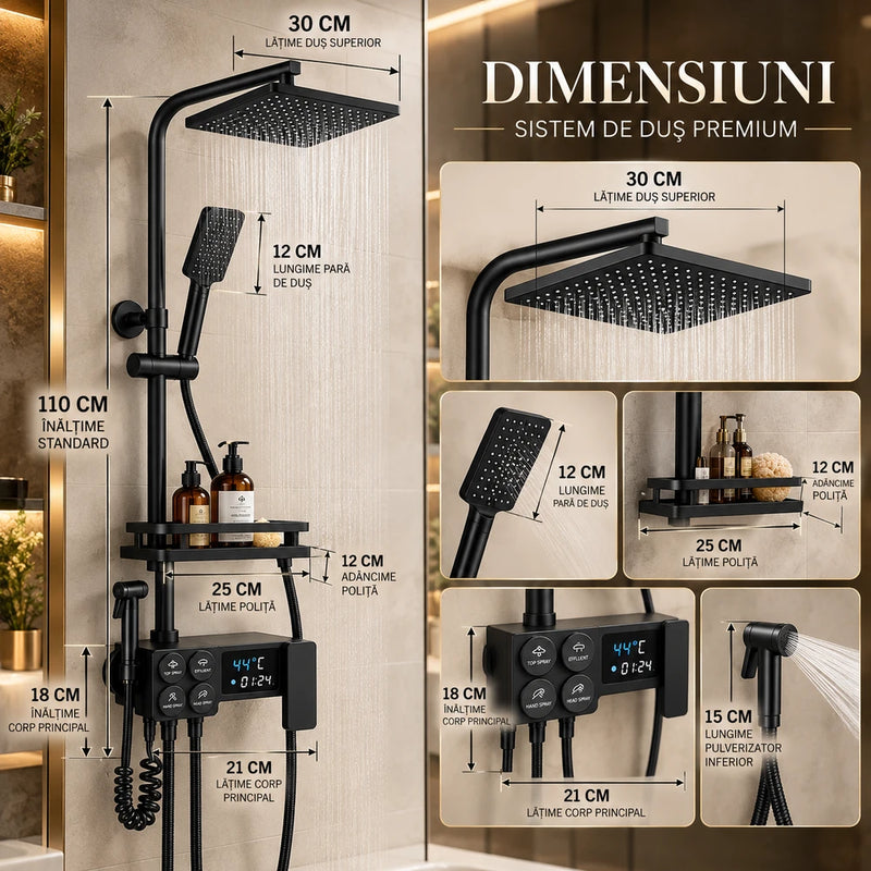 Coloană de Duș Smart Premium cu Afișaj Digital – 4 Funcții, Duș Tip Ploaie 30 cm, Finisaj Negru Mat