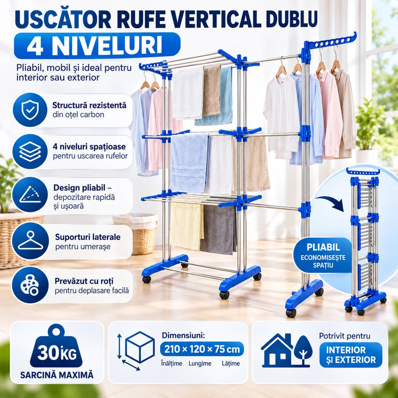 Uscător de Rufe Vertical Dublu, cu 4 Niveluri, Pliabil, cu Roți și Suporturi Laterale pentru Umerașe – Capacitate 30 kg