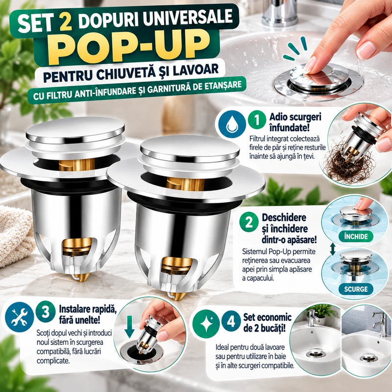 Set 2 Dopuri Universale Pop-Up pentru Chiuvetă și Lavoar – Cu Filtru Anti-Înfundare, Sistem Click-Clack și Montaj Rapid