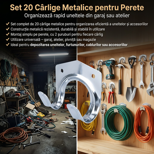 Set 20 Cârlige Metalice pentru Perete – Suport Organizare Unelte cu Șuruburi Incluse