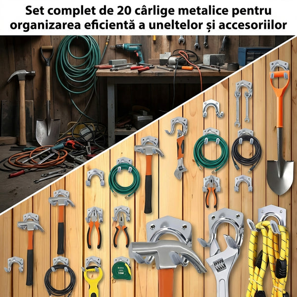 Set 20 Cârlige Metalice pentru Perete – Suport Organizare Unelte cu Șuruburi Incluse