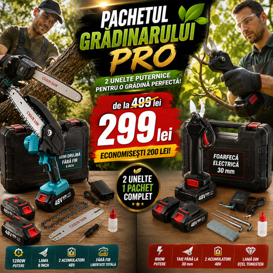 Pachetul Grădinarului PRO – Mini Drujbă / Fierăstrău Fără Fir 8" + Foarfecă Electrică de Grădinărit 30 mm, 4 Acumulatori 48V