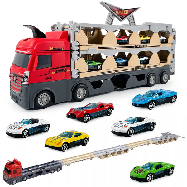 Camion Aventurier 3în1 cu remorca, 6 masini de jucarie cu arcuri si pista cu catapulta