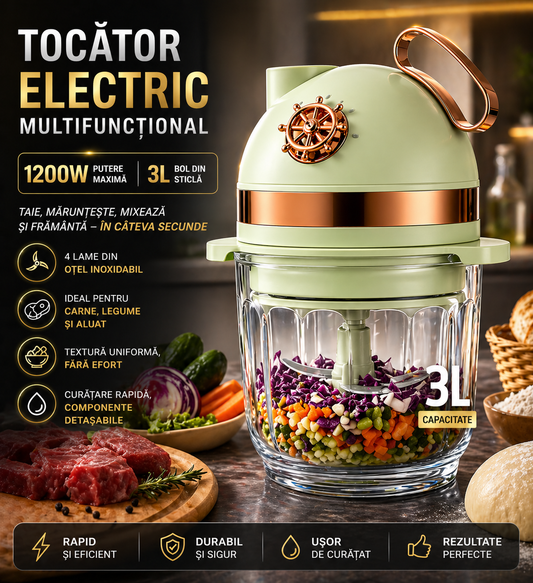 Tocător Electric Multifuncțional 4in1, Capacitate 3L - 1200W, 4 Lame, Tăiere, Mărunțire, Carne & Aluat